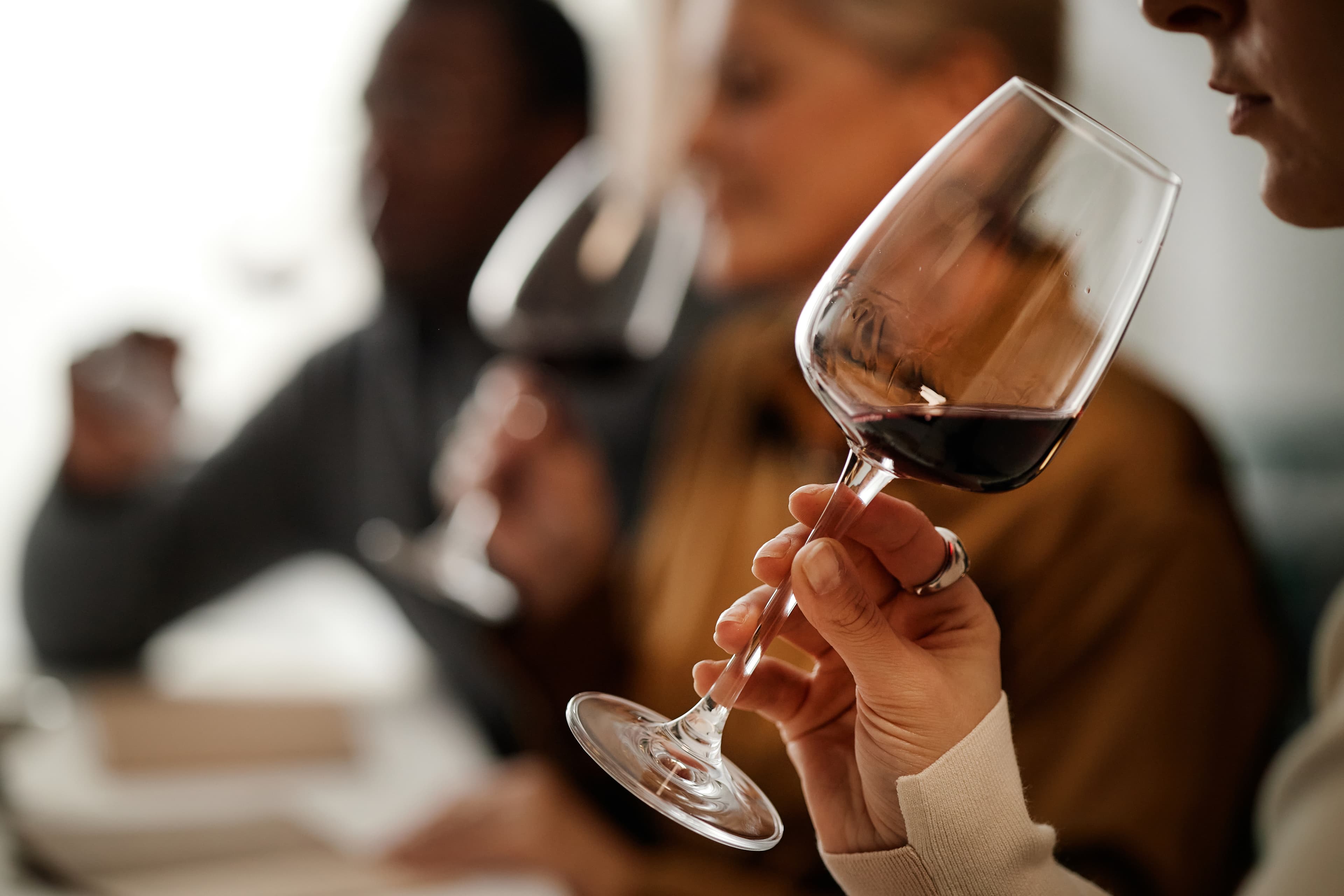 A guest raising a glass of red wine